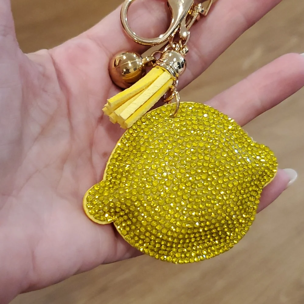 Puffy rhinestone covered lemon sunshine yellow tassel keychain NWT